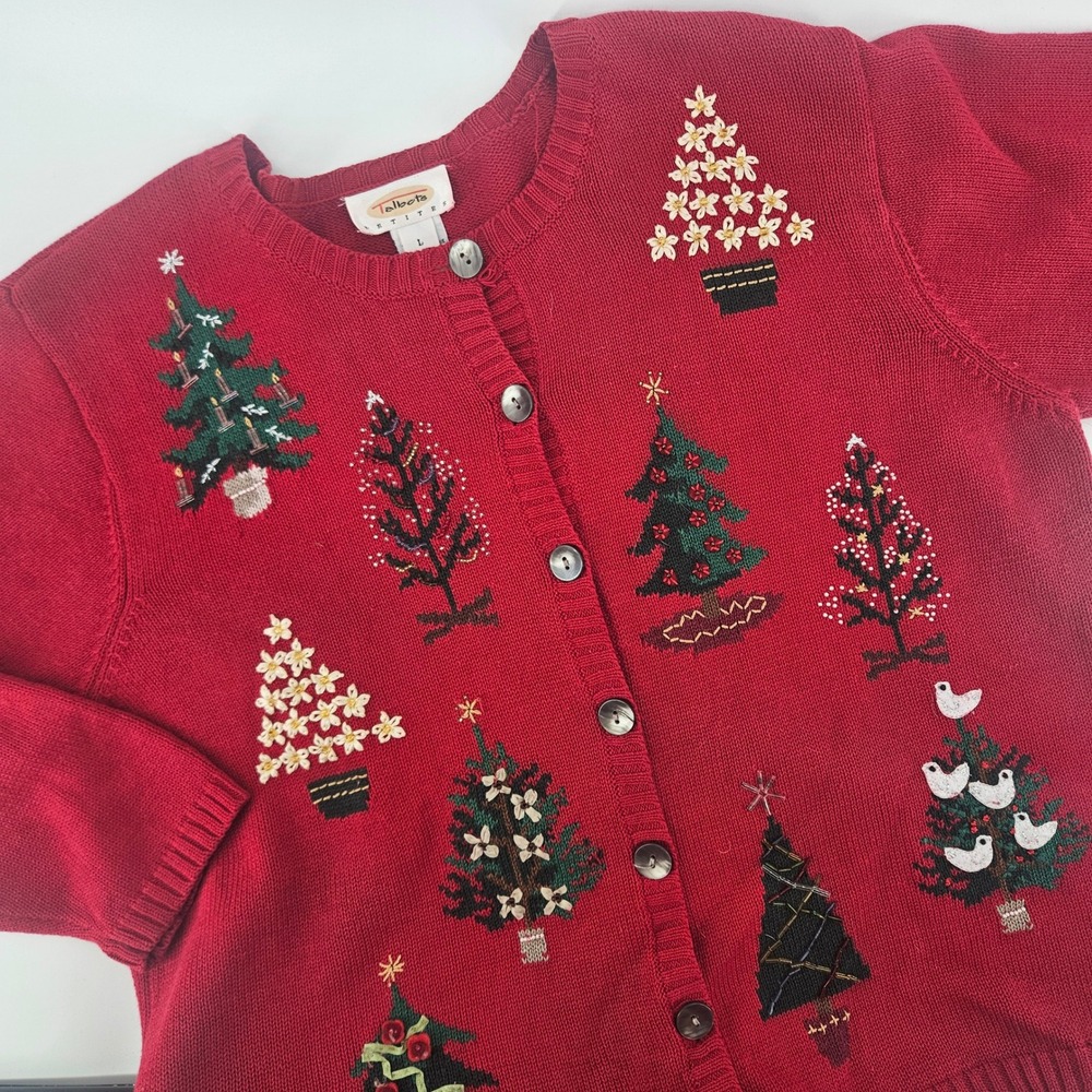 Talbots Petite Women LP Christmas Tree Sweater Embroidered Beaded Vintage